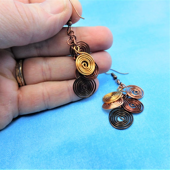 Rustic Copper Earrings, Unique Artisan Crafted Coil Cluster Dangles, Wire Wrapped Wearable Art Jewelry 7th Anniversary Gift for Wife