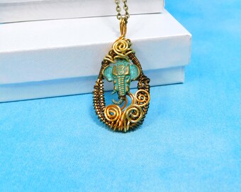 Unique Wire Wrapped Elephant Necklace, Rustic Artisan Crafted Pendant, Handmade Wearable Art Jewelry, Animal Theme Present for Wife or Mom