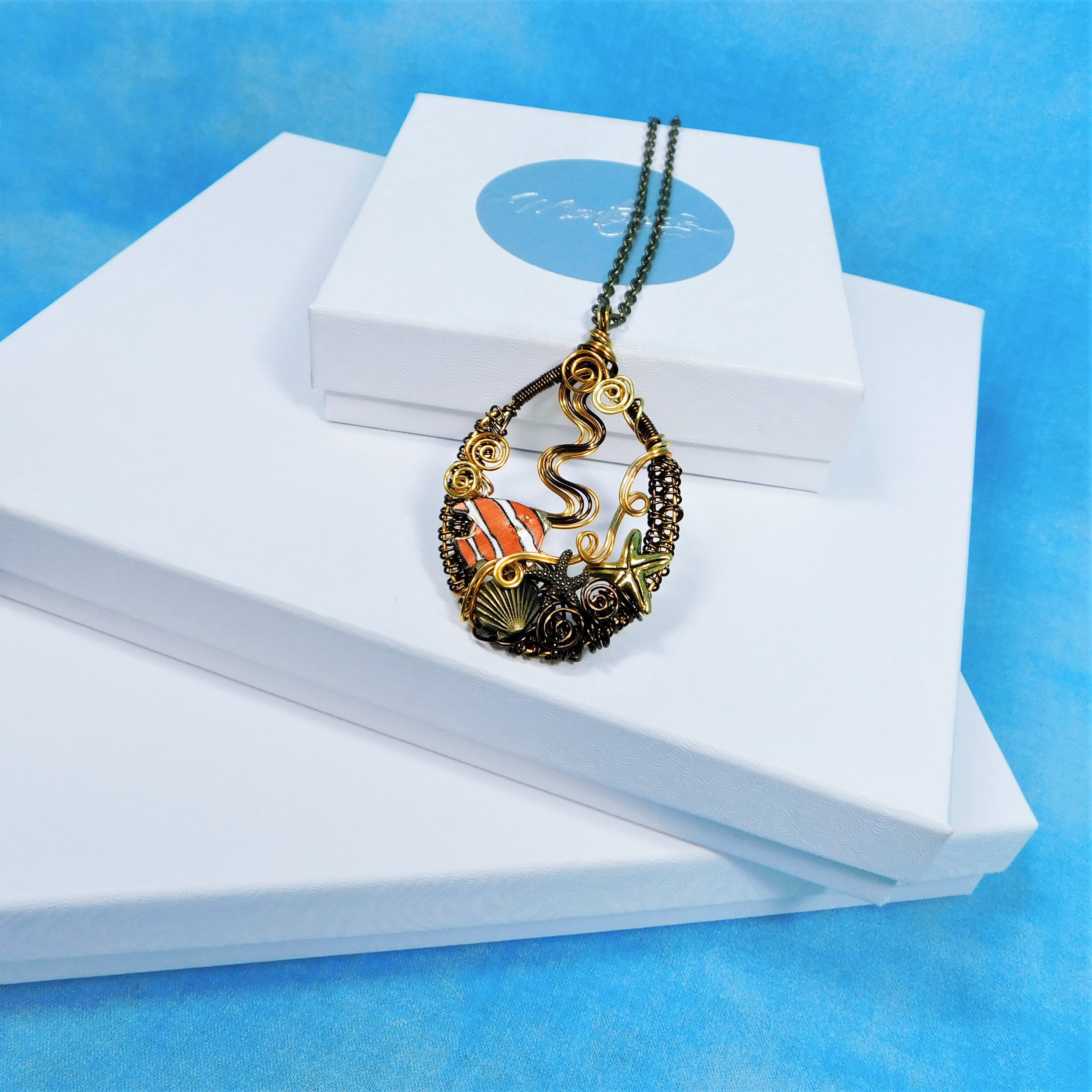 Fish Necklace Ocean Theme Pendant, Woven Wire Wrapped Artistic Beach