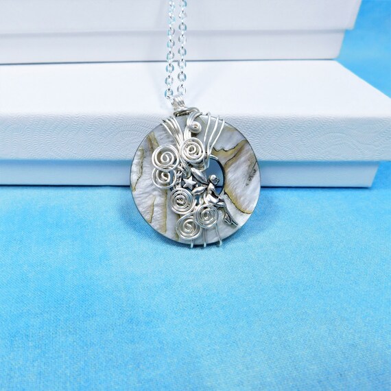 Unique Wire Wrapped Mother of Pearl Fairy Necklace, Artisan Crafted Silver Fairy Jewelry, Artistic Handmade Wearable Art Fantasy Pendant