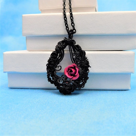 Black Woven Wire Pink Rose Necklace, Romantic Rose Pendant Birthday Present, Wearable Art Jewelry Anniversary Gift for Wife or Girlfriend