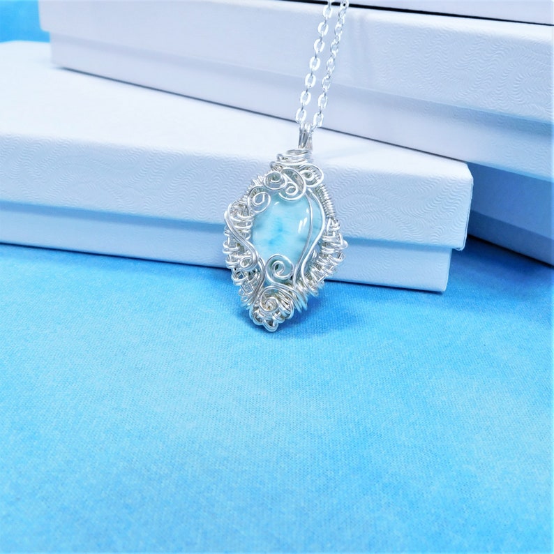 Woven Wire Wrapped Larimar Pendant Gemstone Necklace Artisan Etsy