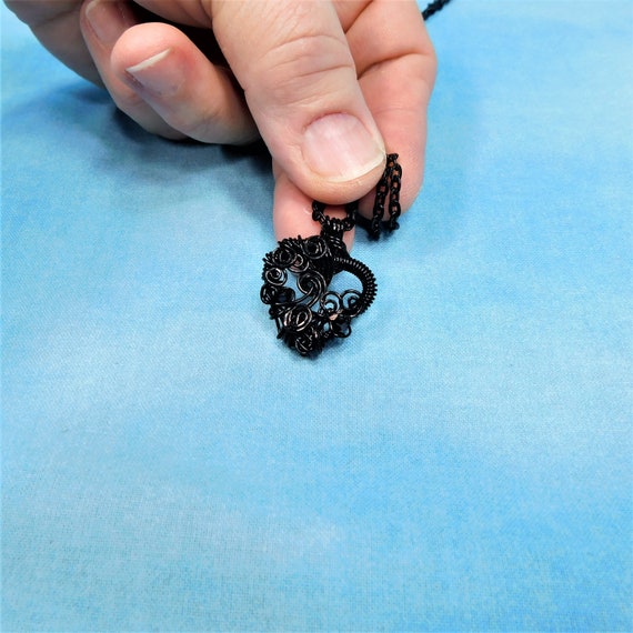 Artistic Black Woven Wire Heart Necklace, Wire Wrapped Heart Pendant, Romantic Wearable Art Jewelry Anniversary Gift or Mother's Day Present