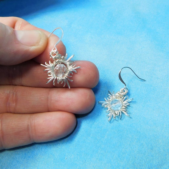 Wire Wrapped Star Earrings, Wire Sunshine Dangles, Pierced Celestial Theme Earrings, Wearable Art Flower Jewelry