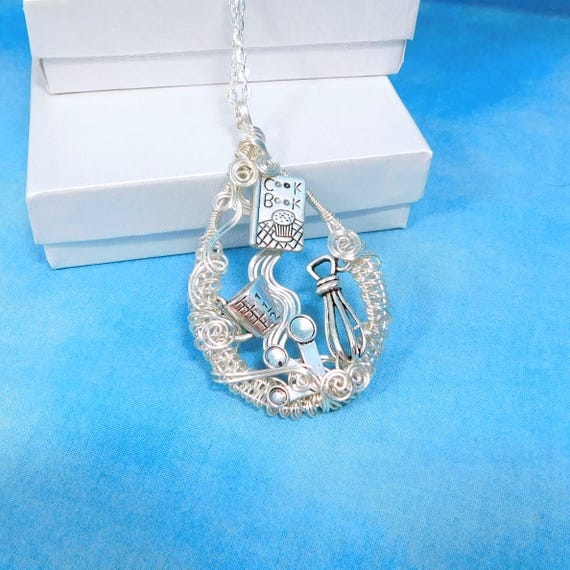 Chef Theme Cooking Pendant, Artistic Necklace for Baker Chef or Cook, Unique Artisan Crafted Wire Wrapped Jewelry Mother in Law Gift Idea