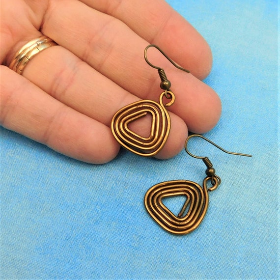 Unique Artisan Crafted Triangle Geometric Dangle Earrings, Sculpted Copper Wire Handmade Jewelry, Wearable Art Anniversary Present for Wife