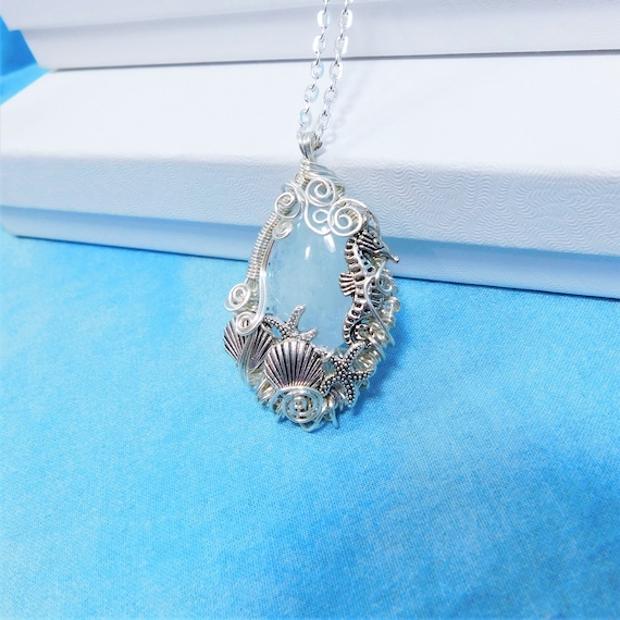 Wire Wrapped Aquamarine Pendant, Artistic March Birthstone Necklace, Gemstone Ocean Theme Wearable Art with Seahorse, Seashells and Starfish