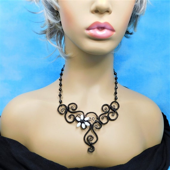 Black Statement Necklace with Mother of Pearl and Onyx Flower, Wire Wrapped and Sculpted Scroll Work Jewelry, Wearable Art Present for Women