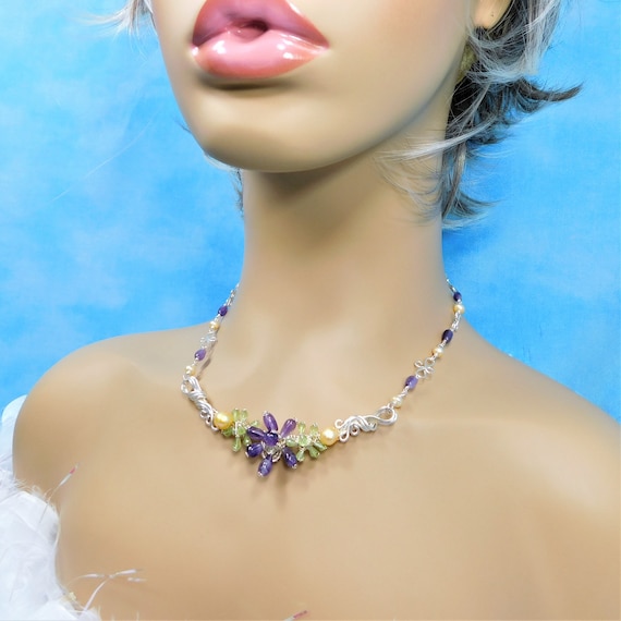 Artistic Gemstone Statement Necklace with Amethyst and Pearls, February Birthstone Necklace, One of a Kind Wire Wrapped Wearable Art Jewelry