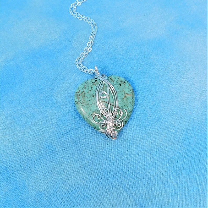 Large Wire Wrapped Gemstone Heart Pendant Handmade Wearable Art Jewelry for Women Unique Artisan Crafted Turquoise Blue Stone Necklace