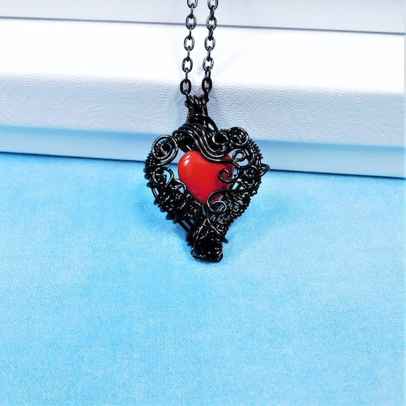Artisan Crafted Romantic Red Heart Necklace, Unique Artistic Black Woven Wire Wrapped Heart Pendant, Wearable Art Jewelry Present for Women