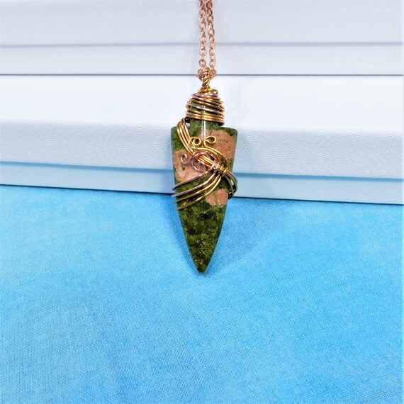 Wire Wrapped Unakite Arrowhead Necklace, Rustic Boho Wearable Art Pendant, Artistic One of a Kind Gemstone Jewelry Present for women or Men