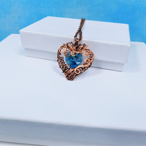 Artistic Blue Heart Necklace, Unique Artisan Crafted Woven Wire Wrapped Jewelry, Copper & Crystal Pendant Wearable Art Present for Women