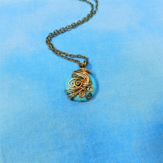 Gemstone Necklace, Artisan Crafted Unique Copper Wire Wrapped Turquoise Howlite Pendant, Handmade Jewelry Birthday Present for Ladies