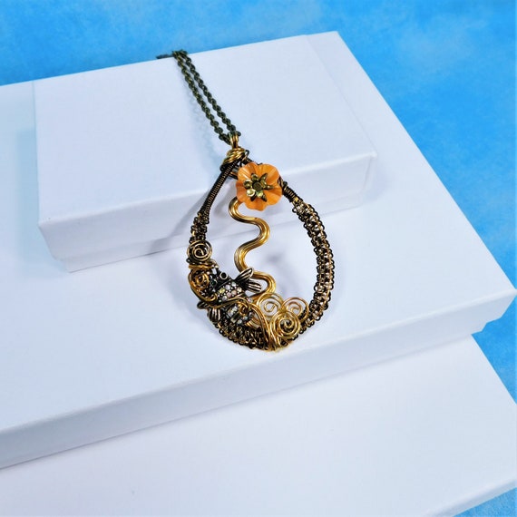 Artisan Crafted Bee Necklace, Artistic Handmade Honeybee Pendant, Unique Woven Wire Wrapped Wearable Art Bumblebee Jewelry Beekeeper Present