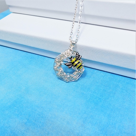 Artistic Bumblebee Necklace, Honeybee Pendant Wearable Art, Bee Jewelry Present for Girlfriend, Mom, Wife or for Best Friend Beekeeper Gift