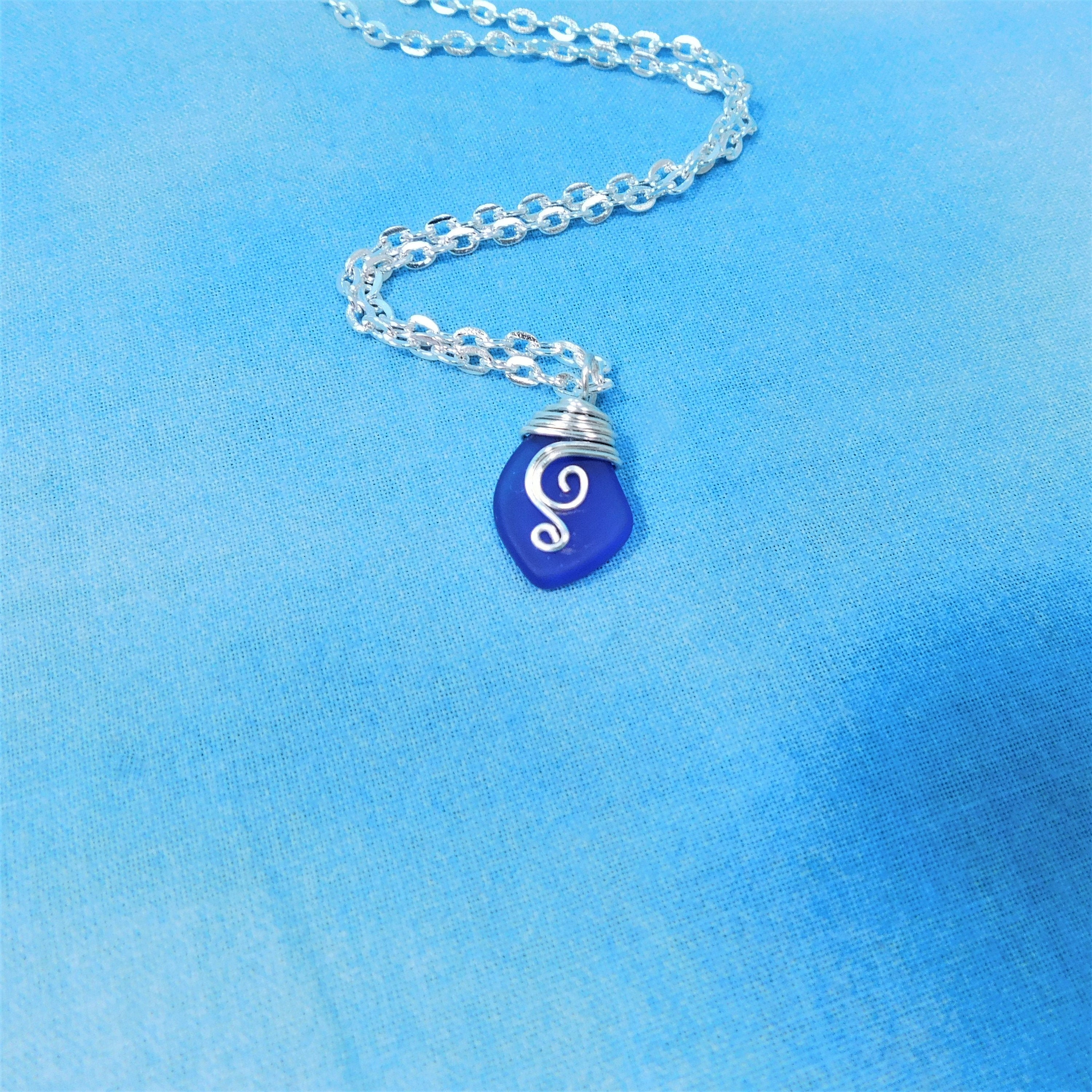 Small Blue Sea Glass Necklace, Wire Wrapped Ocean Glass Pendant, Sea Theme Jewelry Present for