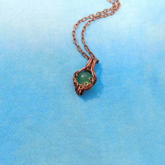 Wire Wrapped Green Jade Pendant, Woven Copper Gemstone Necklace, Unique Wearable Art 35th Anniversary Gift or Birthday Present for Wife