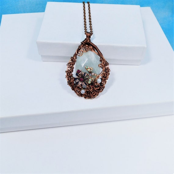Wire Wrapped Aquamarine Pendant March Birthstone Necklace, Artisan Crafted Gemstone Jewelry Birthday Gift, Precious Gem Wearable Art Jewelry