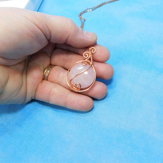 Wire Wrapped Rose Quartz Necklace, Gemstone Pendant for 7th Anniversary Gift, Wearable Art Valentine Jewelry Present for Wife or Girlfriend
