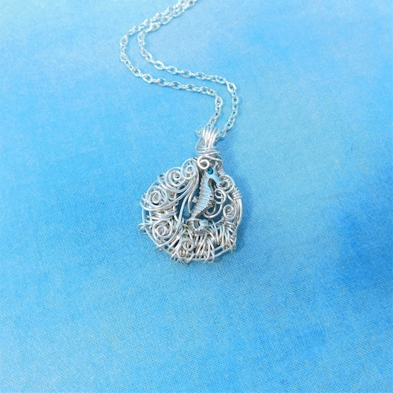 Seahorse Necklace Beach Theme Jewelry, Unique Wire Wrapped Wearable Art Ocean Jewelry, One of a Kind Wearable Art Seahorse Pendant Gift