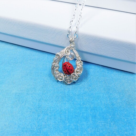 Wire Wrapped Ladybug Necklace, Artistic Insect Theme Jewelry, Fun Ladybug Good Luck Pendant for Women