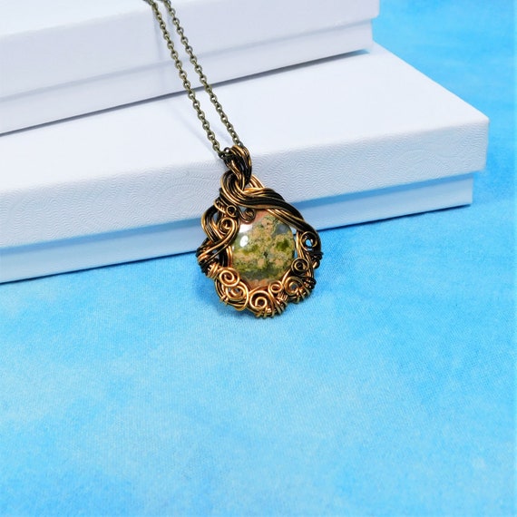 Copper Wire Wrapped Unakite Necklace, Unique Artistic Gemstone Pendant, Wearable Art Jewelry 7th Anniversary Present for Wife