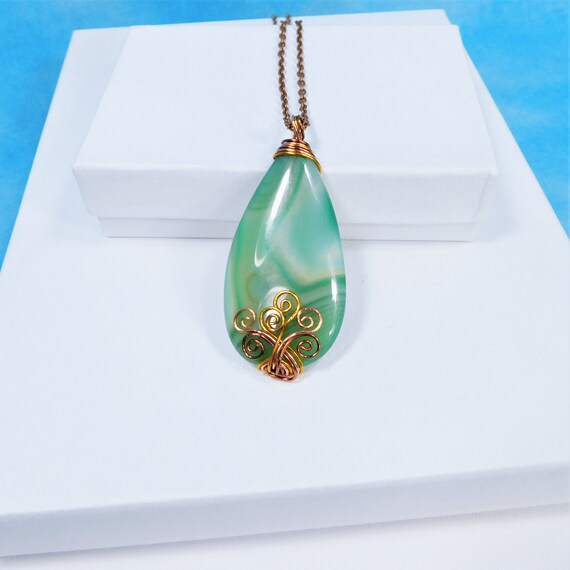 Large Botswana Agate Pendant Wire Wrapped Green Gemstone Necklace, Handcrafted Wearable Art Jewelry Birthday Present or Anniversary Gift