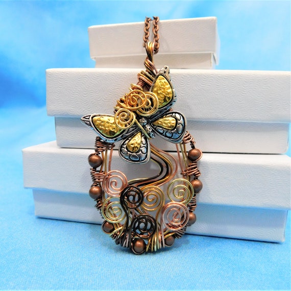 Unique Artistic Butterfly Pendant. Artisan Crafted Wire Wrapped Necklace , Handmade Wearable Art Jewelry Memorial Bereavement Gift for Women