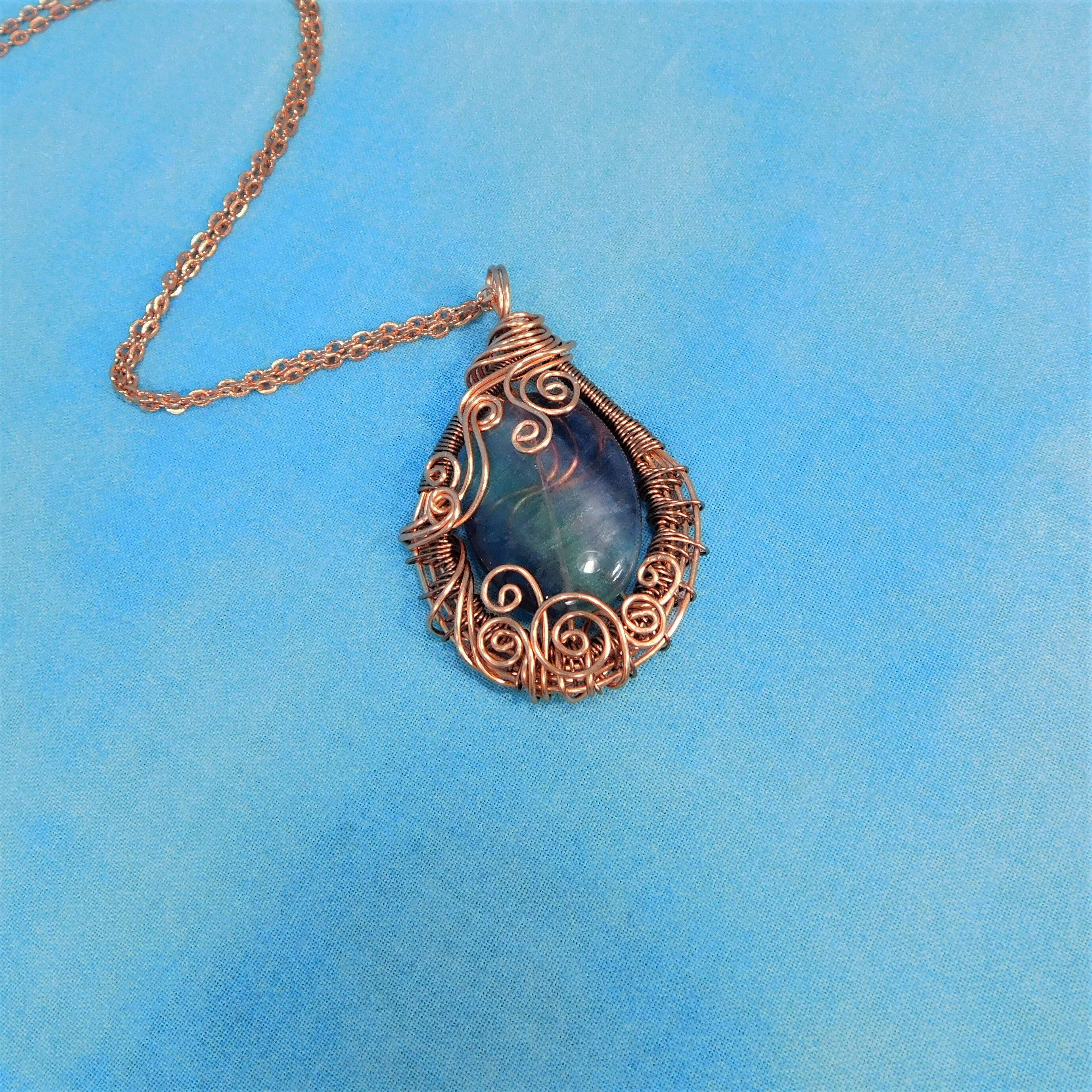 Wire Wrapped Fluorite Pendant, Artisan Crafted Woven Copper Necklace