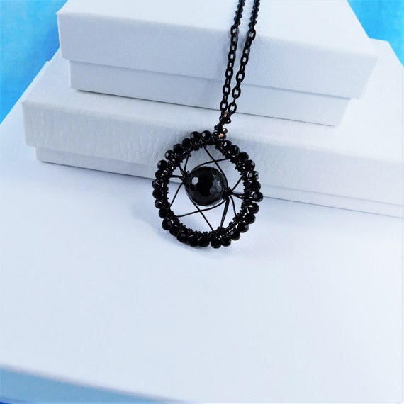 Black Onyx Necklace, Artisan Crafted, Unique Artistic Woven Wire Wrapped Gemstone Pendant, Handmade Wearable Art Jewelry with Black Crystals