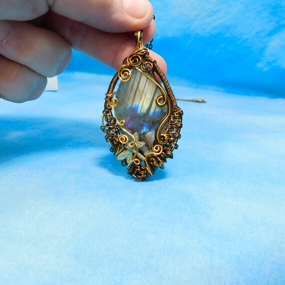 Woven Wire Wrapped Labradorite Pendant, Artistic Gemstone Necklace with Dragonfly, Wearable Art Jewelry for Women