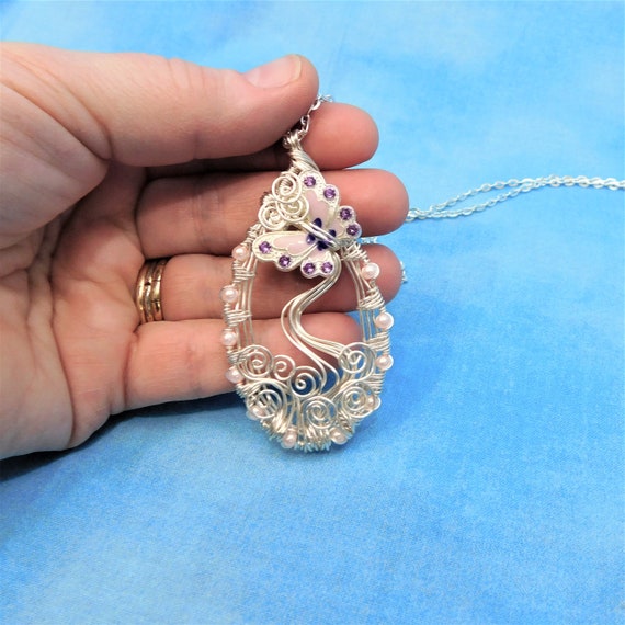 Artisan Crafted Butterfly Necklace, Wire Wrapped Jewelry for Wife, Artistic Handmade Pendant Present Memorial Jewelry or Bereavement Gift