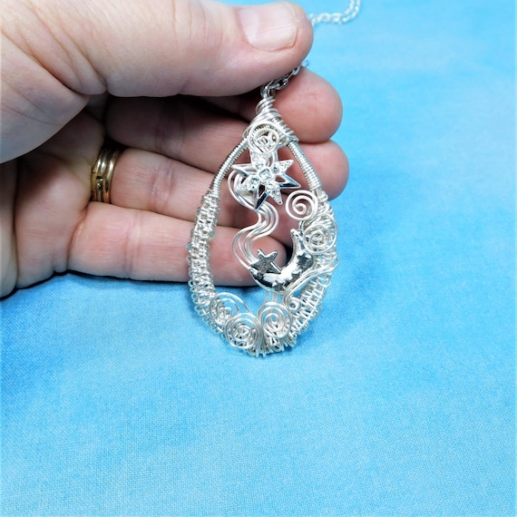 Artistic Moon and Star Necklace, Wire Wrapped Celestial Pendant, Lunar Jewelry Birthday Present or Anniversary Gift for Wife or Girlfriend