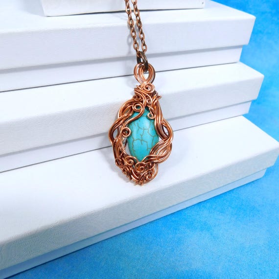 Turquoise Magnesite Pendant, Copper Wire Wrapped Artistic Gemstone Necklace Unique 7th Anniversary Gift Jewelry for Wife or Girlfriend