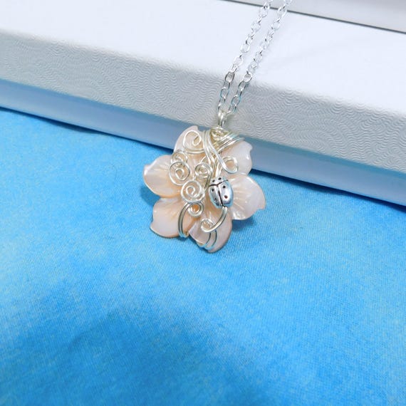 Wire Wrapped Mother of Pearl Ladybug Necklace, Artistic Insect Theme Jewelry, Fun Ladybug Good Luck Pendant for Women