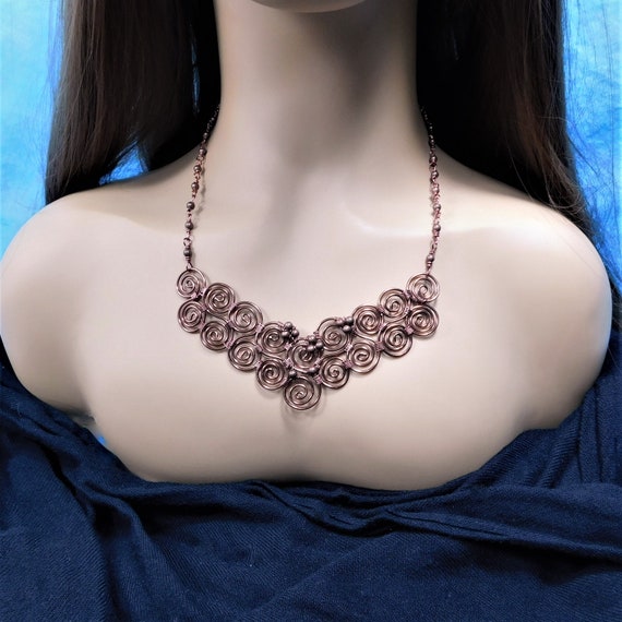 Sculpted and Woven Wire Scroll Work Bib Style Statement Necklace in Antique Copper, 7th Anniversary Gift for Wife or Girlfriend