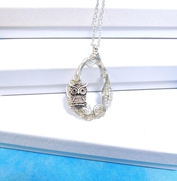 Artistic Owl Necklace, Artisan Crafted Woven Wire Wrapped Bird Theme Pendant, Unique Handmade Wearable Art Jewelry Present for Women