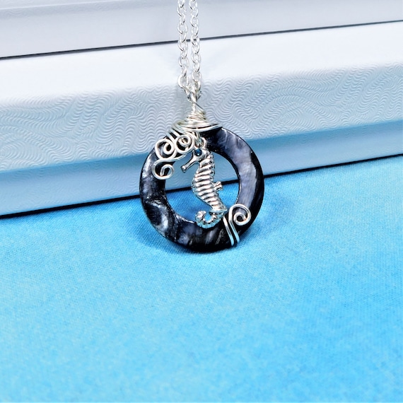 Seahorse Necklace Gifts for Mom from daughter, Unique Artisan Crafted Wire Wrapped Shell Pendant Artistic Handmade Anniversary Gift for Wife