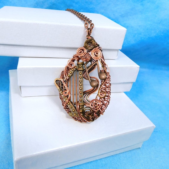 Harp Jewelry Musician Necklace, Unique Artisan Crafted Musical Theme Wearable Art Pendant, Music Teacher Harpist Present for Women