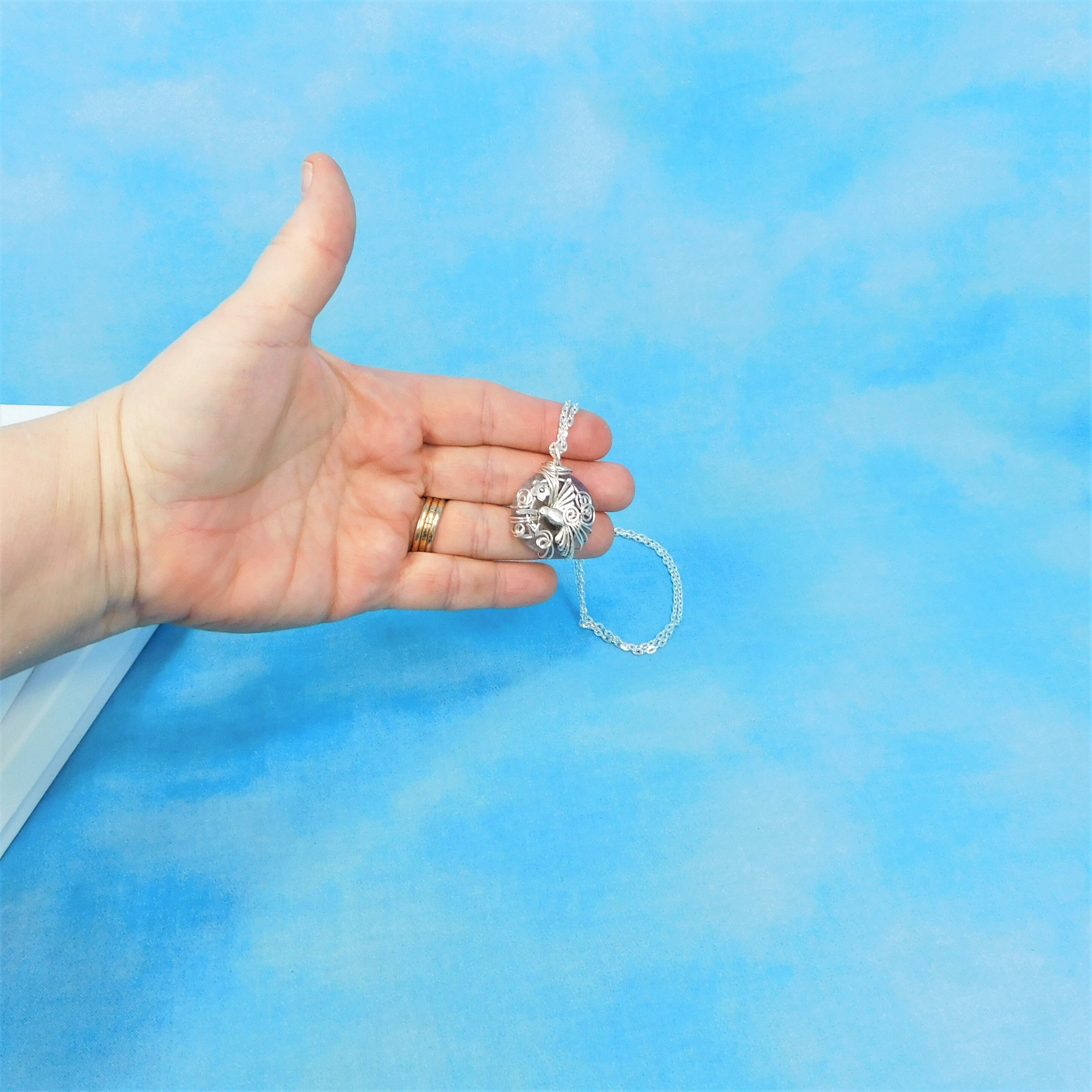 Amethyst Hummingbird Necklace, Wire Wrapped February Birthstone Pendant