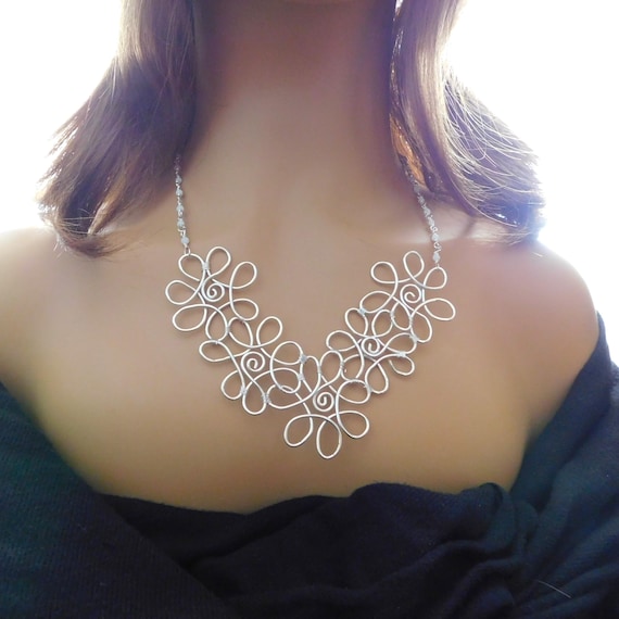 Flower Necklace Wearable Art, Artisan Crafted Sculpted Wire Wrapped Jewelry, One of a Kind Artistic Gift for Wife or Mother