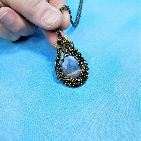 Copper Wire Wrapped Blue Labradorite Necklace, Fairy Pendant with Labradorite Necklace, Gemstone Jewelry 7th Anniversary Gift for Wife