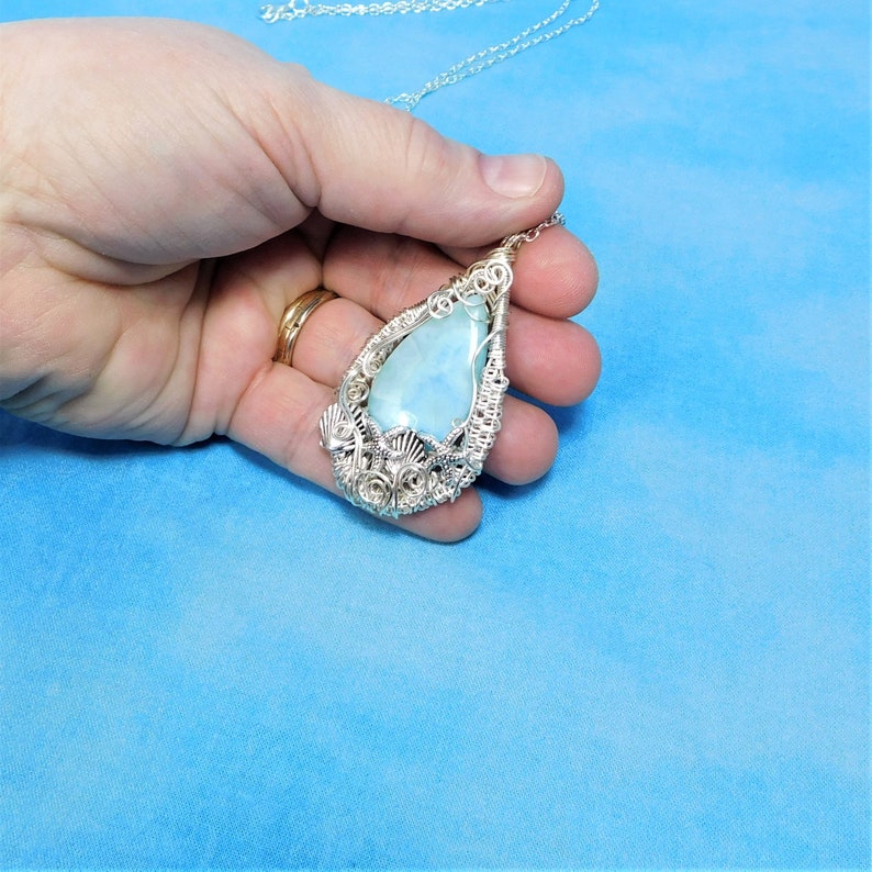 Woven Wire Wrapped Larimar Pendant Gemstone Necklace With Etsy