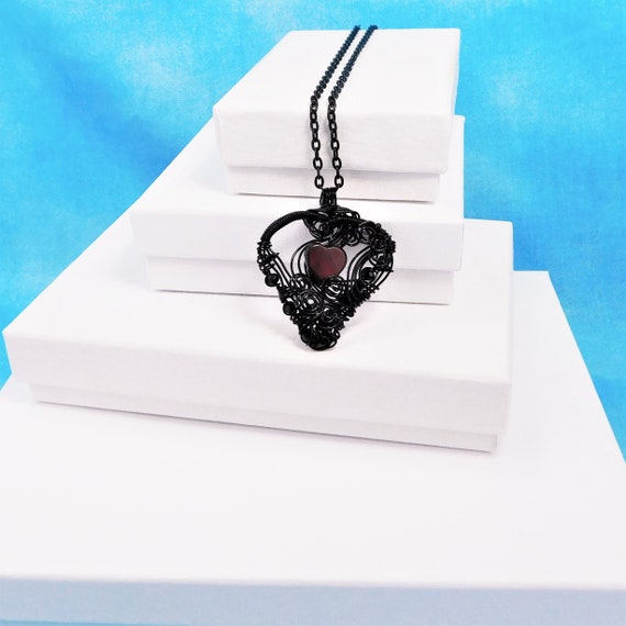 Romantic Black Heart Necklace, Artistic Woven Wire Wrapped Mother of Pearl Heart Pendant Wearable Art Jewelry Present for Wife or Girlfriend