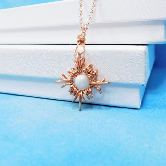 Star with Moonstone Necklace, Artistic Flower Jewelry, Simple Sculpted Wire Wearable Art Pendant, One of a Kind Artistic Copper Wire Jewelry