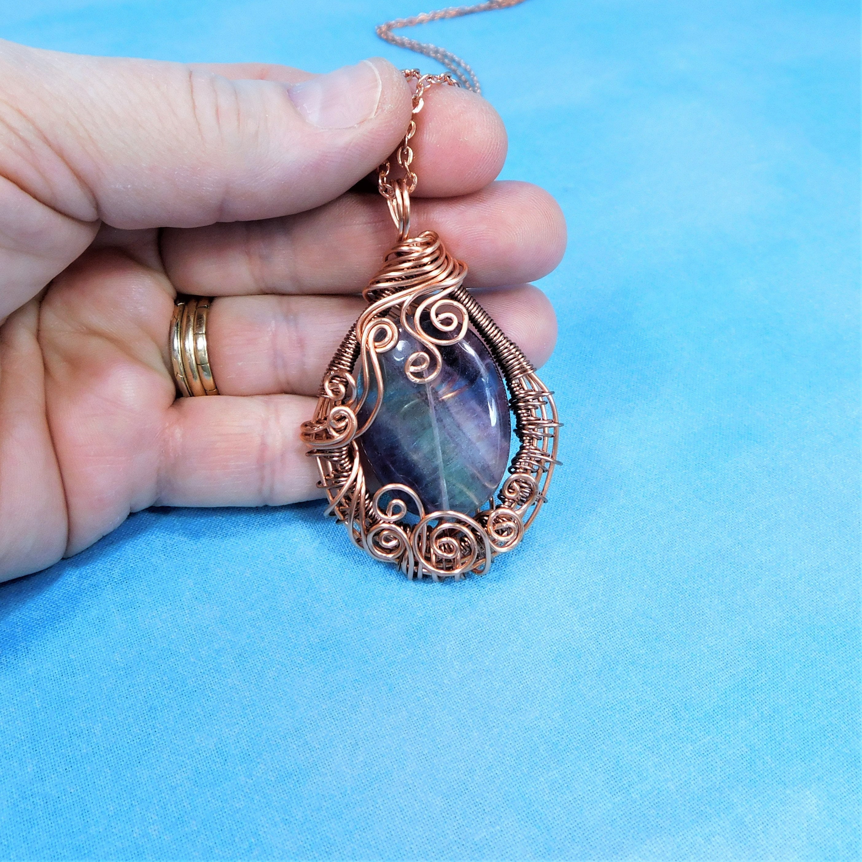 Wire Wrapped Fluorite Pendant, Artisan Crafted Woven Copper Necklace