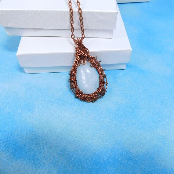 Wire Wrapped Aquamarine Pendant, March Birthstone Necklace, Unique Artisan Crafted Woven Copper and Gemstone Jewelry 7th Anniversary Gift