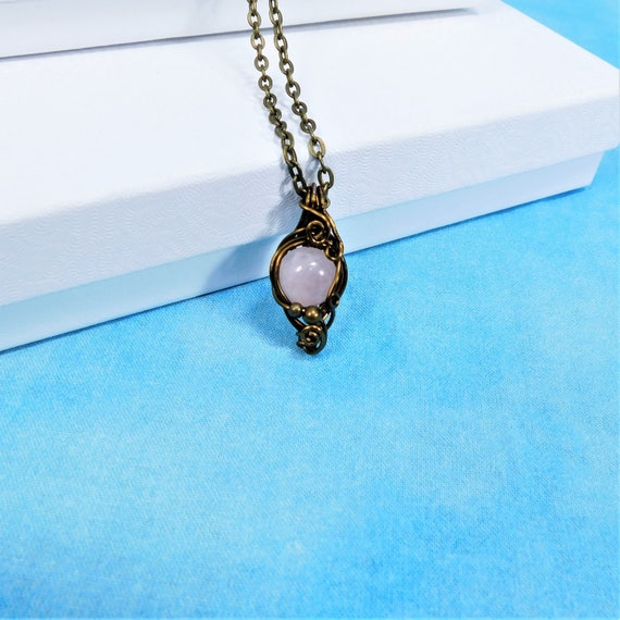 Wire Wrapped Rose Quartz Necklace, Gemstone Pendant for 7th Anniversary Gift, Wearable Art Valentine Jewelry Present for Wife or Girlfriend