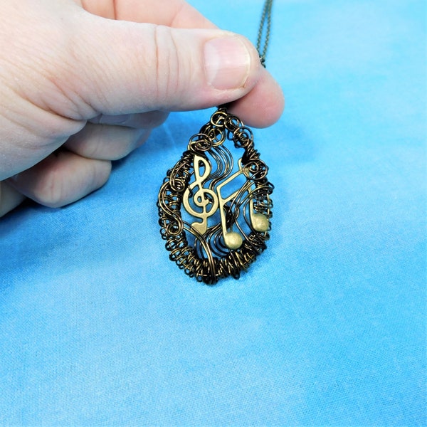 Artisan Crafted Music Note Necklace, Unique Wire Wrapped Treble Clef Pendant, Artistic Jewelry for Teacher, Music Lover or Musician Gift